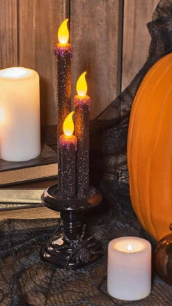 14.5 Inch LED Black Glitter Lighted Halloween Three Candelabra With Spider -Home Decoration Onsale 133462 5
