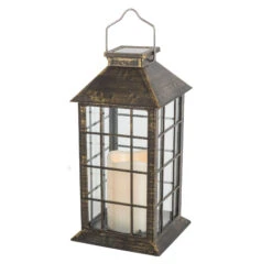 Solar Powered Bronze Candle Lantern - 11 Inch