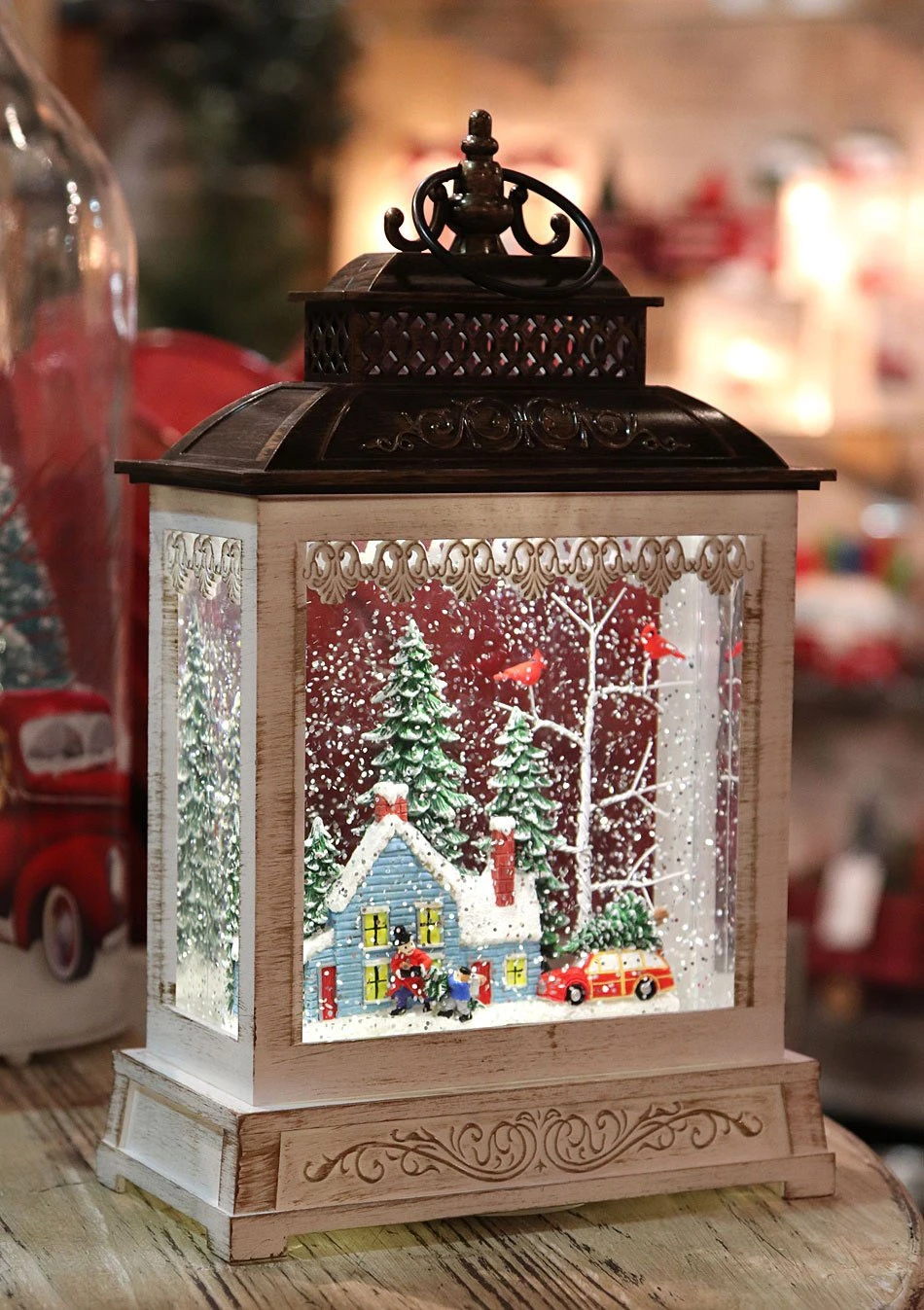 11 Inch Cabin With Red Wagon In The Woods Lighted Water Lantern - Optional Music Setting 3 11 Inch Cabin With Red Wagon In The Woods Lighted Water Lantern - Optional Music Setting