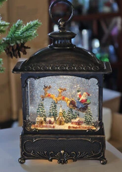 11 Inch Decorative Bronze Water Lantern With Flying Santa In Swirling Glitter