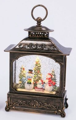 11 Inch Decorative Bronze Water Lantern With Snow Family Sledding In Swirling Glitter -Home Decoration Onsale 2499030 snowmen 446x700