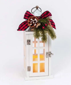 Windowpane Christmas Candle Lantern White Wood With Metal Top - Floral Accents 12.5 Inch -Home Decoration Onsale 2530160