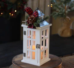 Windowpane Christmas Candle Lantern White Wood With Metal Top - Floral Accents 12.5 Inch