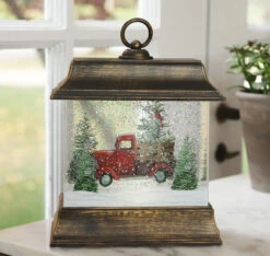 9.5 Inch Woodland Truck Scene Lighted Water Lantern In Swirling Glitter