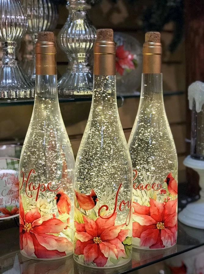 Lighted Wine Bottle With Swirling Glitter Peace Poinsettia Design With Cardinals Snow Globe 4 Lighted Wine Bottle With Swirling Glitter Peace Poinsettia Design With Cardinals Snow Globe - Image 2