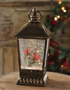 11.5 Inch Bronze Lighted Water Lantern - 2 Cardinals Design In Swirling Glitter - Timer