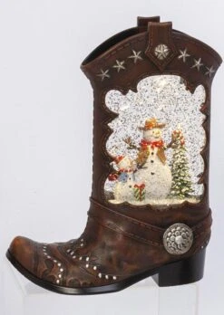 Cowboy Boot Lighted Water Lantern With A Western Snowman In Swirling Glitter