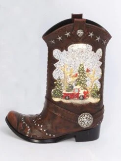Lighted Cowboy Boot With Truck Water Lantern In Swirling Glitter