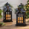 Set Of 2 Battery Operated Lighted Black Metal Holiday Lanterns With Floral Accents And Timer -Home Decoration Onsale 2558250 glam