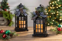 Set Of 2 Battery Operated Lighted Black Metal Holiday Lanterns With Floral Accents And Timer