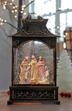 Antique Bronze Nativity Scene Lighted Water Lantern With Swirling Glitter -Home Decoration Onsale 2588620 tall