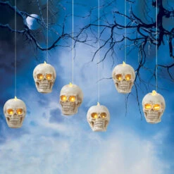 Lighted Hanging Skulls Set Of Six With Remote Control Indoor-Outdoor