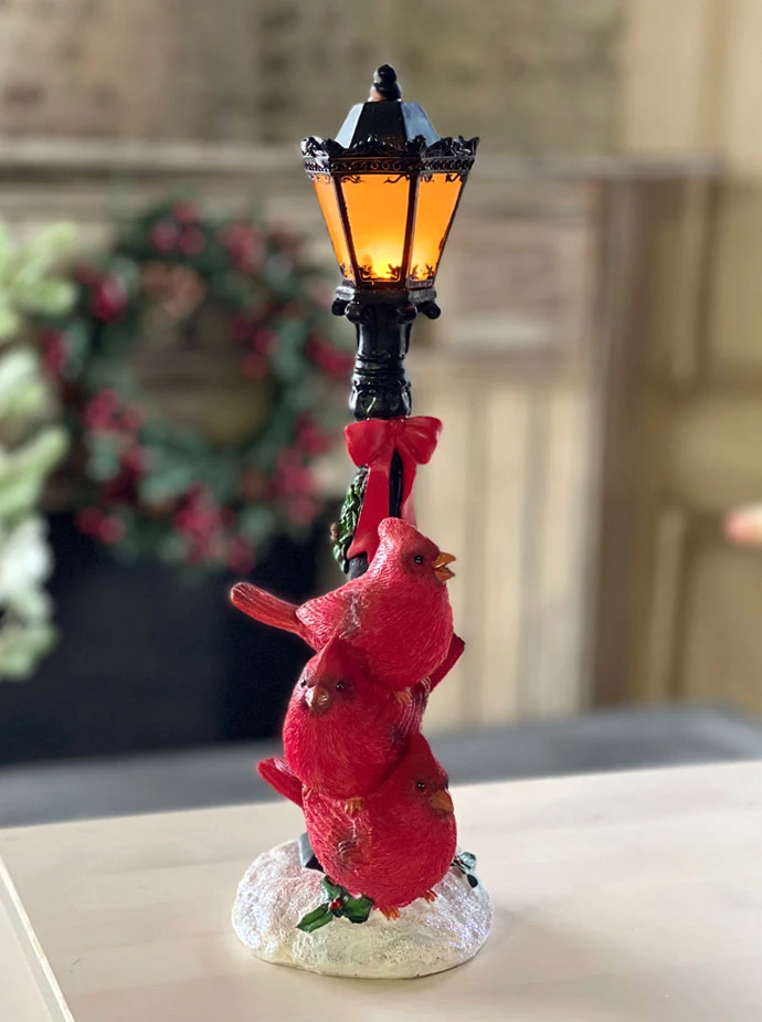 Battery Operated Lighted Resin Street Lamp With Cardinals - 14.5 Inch 4 Battery Operated Lighted Resin Street Lamp With Cardinals - 14.5 Inch - Image 2