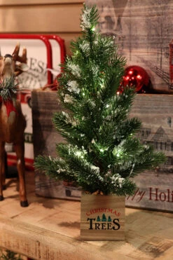 Battery Operated Lighted Pine Tree In A Wood Planter Box - 15 Inch