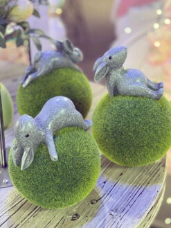 Set Of 3 Resin Bunnies On Moss Ball 7.6 Inch - NEW 2023