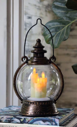 Moving Flame Antique Bronze 3 Candle Lantern - 10 Inch Battery Operated NEW 2022