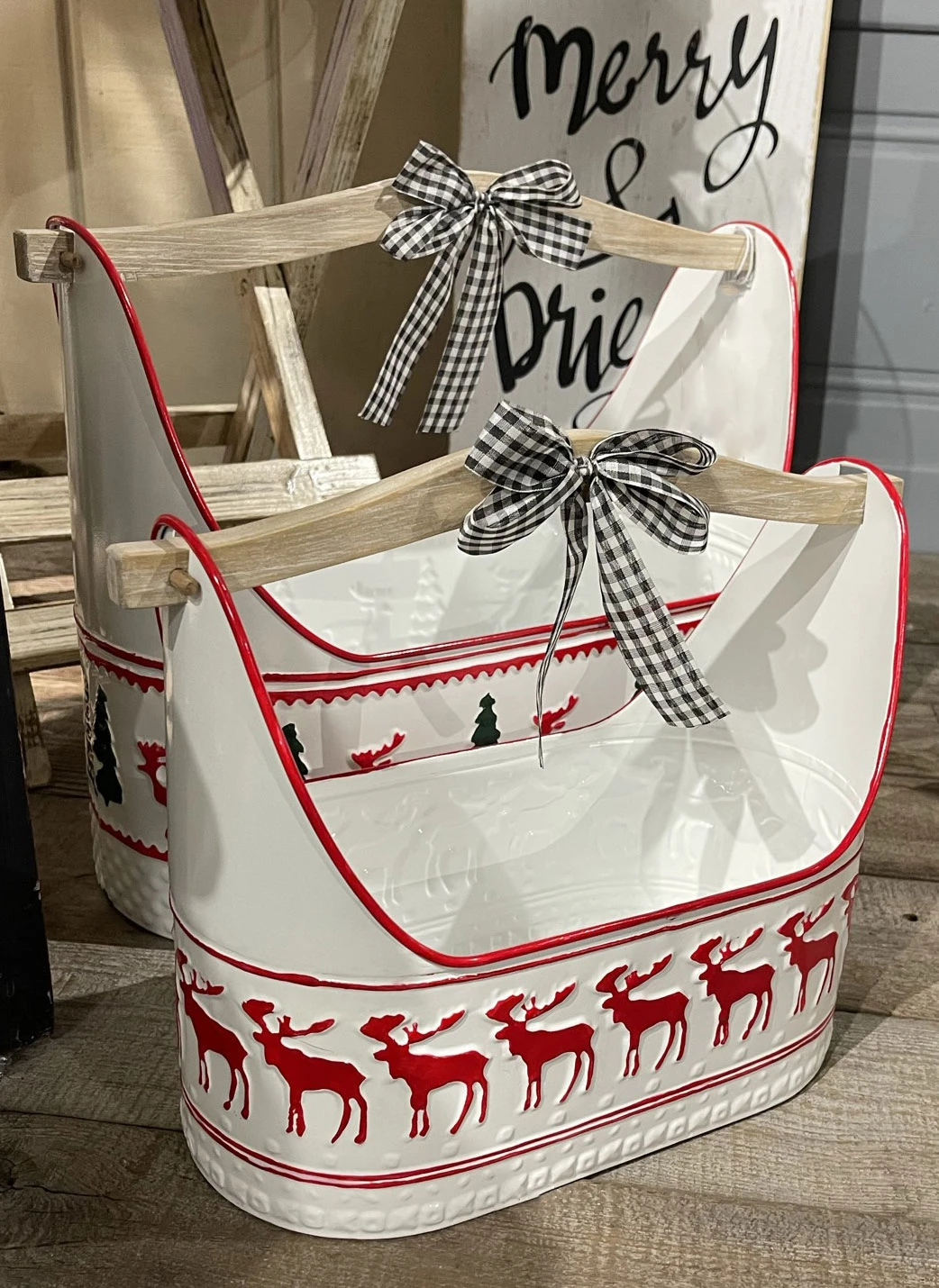 Set Of 2 Holiday Design Buckets With Wood Handles 3 Set Of 2 Holiday Design Buckets With Wood Handles