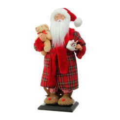 Tall 17.5 Inch Santa Figurine In Robe With Teddy And Hot Cocoa -Home Decoration Onsale 3615504