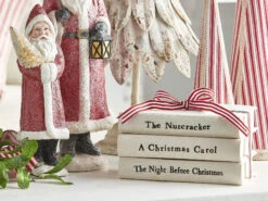 Stacked Christmas Books With Red And White Ribbon - Set Of 3, 8 Inch