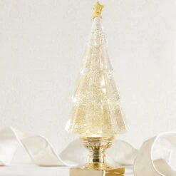 Gold Lighted Tree Water Lantern Acrylic Snow Globe With Gold Base - Timer
