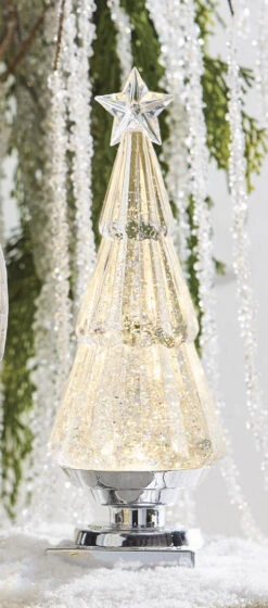 11.75 Inch Clear Lighted Tree Water Lantern Acrylic Snow Globe With Silver Base
