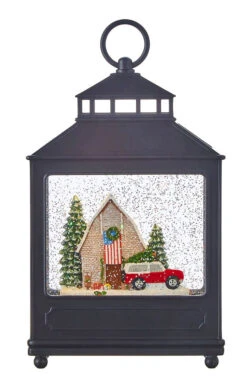 American Christmas Scene Lighted Water Lantern - Barn And Red Truck In Swirling Glitter