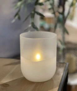 Flameless 6 Inch Wax Candle In Frosted Glass With Adjustable Brightness