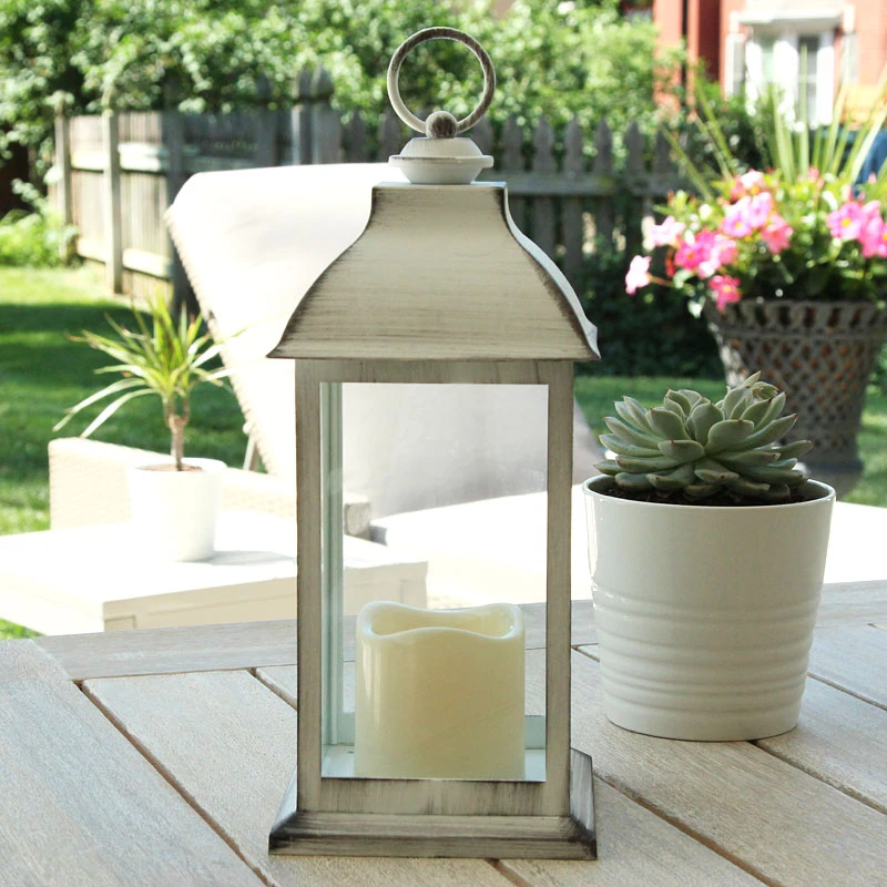 Battery Operated Brushed White Candle Lantern - 12 Inch 3 Battery Operated Brushed White Candle Lantern - 12 Inch