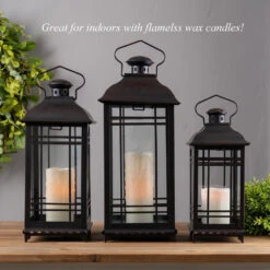 Set Of 3 Rubbed Oil Bronze Candle Lanterns - 14 - 17 - 20 Inch -Home Decoration Onsale 57349 indoors