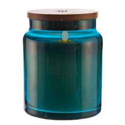 LIGHTLi Moving Flame Blue Glass Jar Candle - 4 X 5.5 Inch Remote Ready