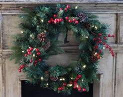 24 Inch Battery Operated Decorative Wreath - 30 LED's - Pine Cones And Red Berries -Home Decoration Onsale 75720 front image