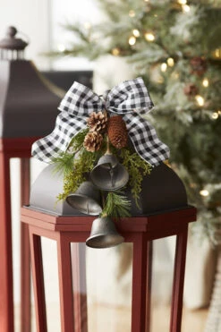 Buffalo Check Bow With Bells, Greenery And Pinecones - 13 Inch For Gifts And Lanterns