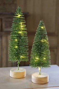 Lighted Bottle Brush Trees Battery Operated - Set Of 2 Green With Timer 10.75 Inch