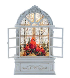 Cardinals In Arched Lighted Water Lantern With Open Shutters - NEW 2023 - USB Included
