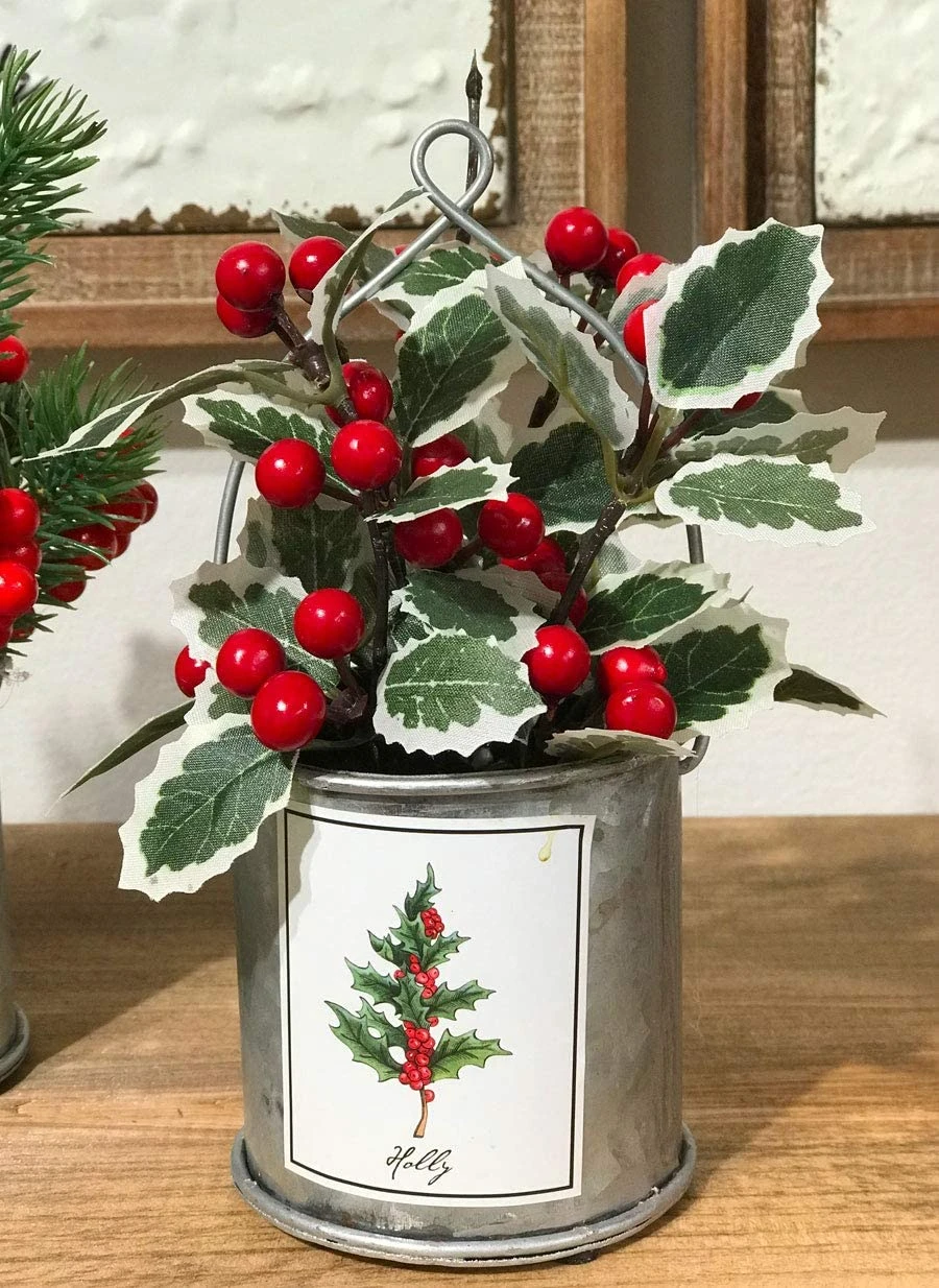 Winterberry, Pine, Holly And Mistletoe Assorted 4 In Galvanized Decorative Buckets 5 Winterberry, Pine, Holly And Mistletoe Assorted 4 In Galvanized Decorative Buckets - Image 3