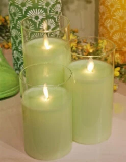 Light Green Moving Flame Glass Pillar Candles - Set Of 3 | 5,6,7 Inch With Remote