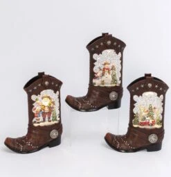 Lighted Cowboy Boot With Santa Water Lantern In Swirling Glitter -Home Decoration Onsale boots 3 2