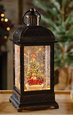 Red Truck Lighted Antique Bronze Snow Globe With Swirling Glitter - Timer
