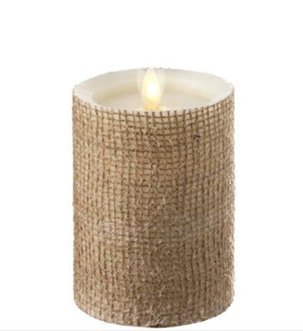 Moving Flame Burlap Wrapped Flameless Candle 3.5 X 5 Timer - Remote Ready 3 Moving Flame Burlap Wrapped Flameless Candle 3.5 X 5 Timer - Remote Ready