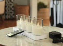 Rechargeable Moving Flame Set Of 4 Clear Glass Votives With Charging Base And Remote