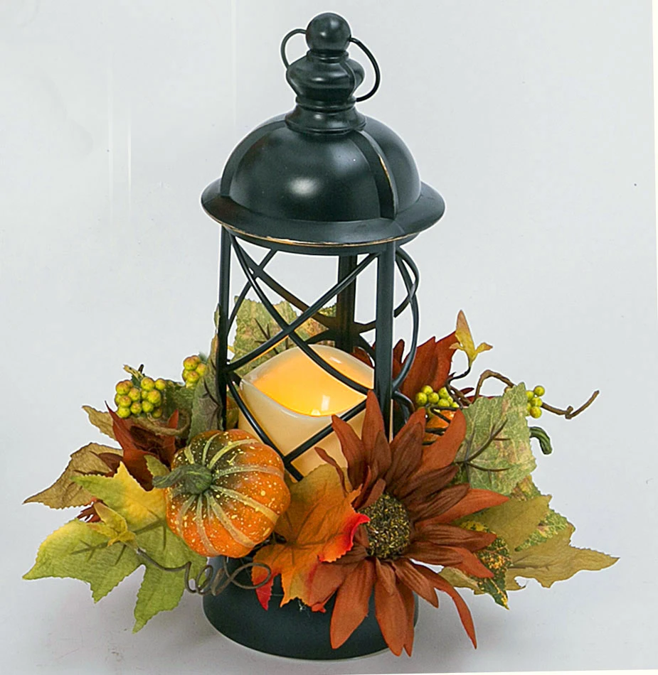 12 Inch Lighted Harvest Lantern With LED Candle And Floral Accents - Timer 4 12 Inch Lighted Harvest Lantern With LED Candle And Floral Accents - Timer - Image 2