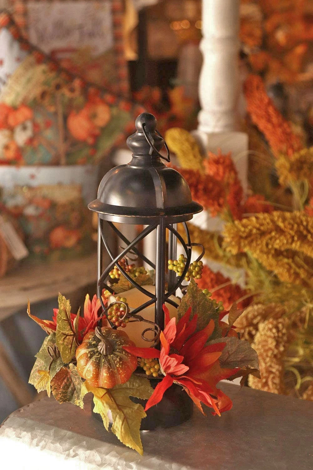 12 Inch Lighted Harvest Lantern With LED Candle And Floral Accents - Timer 3 12 Inch Lighted Harvest Lantern With LED Candle And Floral Accents - Timer
