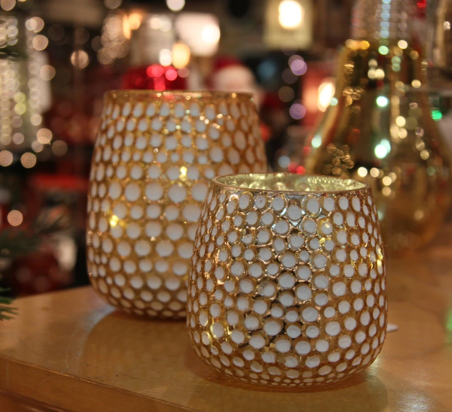 Gold And White Honeycomb Glass Votive With Lights - Battery Operated 5.5 Inch 4 Gold And White Honeycomb Glass Votive With Lights - Battery Operated 5.5 Inch - Image 2