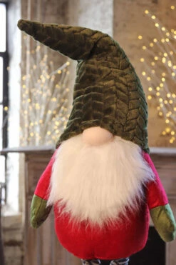 Holiday Gnome With Extendable Legs - Green Hat, Striped Legs - 46 Inch -Home Decoration Onsale gnome green hat side