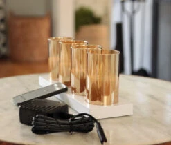 Rechargeable Moving Flame Set Of 4 Gold Glass Votives With Charging Base And Remote