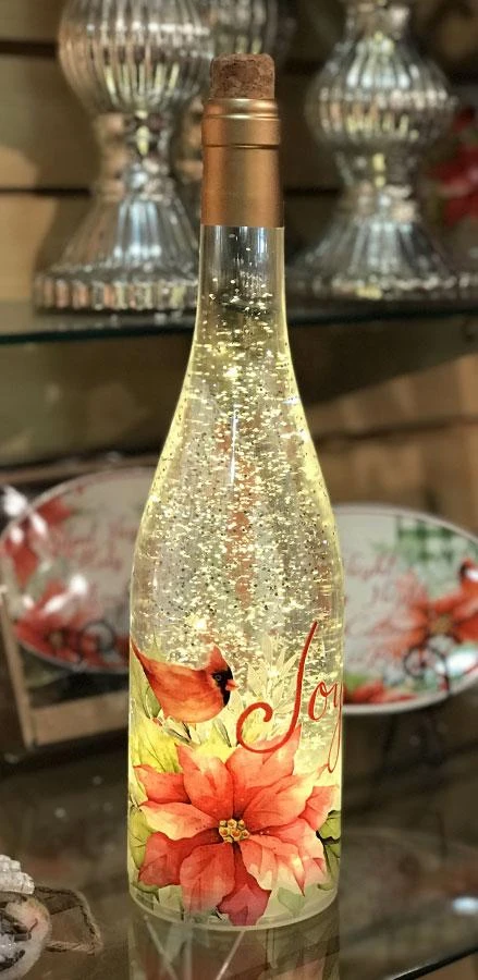 Lighted Wine Bottle With Swirling Glitter Joy Poinsettia Design With Cardinals Snow Globe 3 Lighted Wine Bottle With Swirling Glitter Joy Poinsettia Design With Cardinals Snow Globe