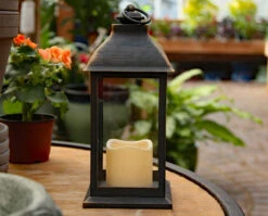 Battery Operated Brushed Bronze Candle Lantern - 12 Inch