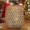 Gold And White Honeycomb Glass Votive With Lights - Battery Operated 5.5 Inch