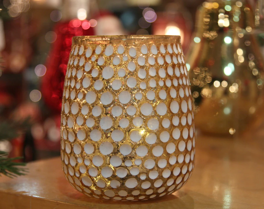 Gold And White Honeycomb Glass Votive With Lights - Battery Operated 5.5 Inch 3 Gold And White Honeycomb Glass Votive With Lights - Battery Operated 5.5 Inch