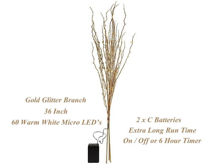 Battery Operated LED Gold Glitter Branch - 36 Inch 60 LED's - Timer 3 Battery Operated LED Gold Glitter Branch - 36 Inch 60 LED's - Timer